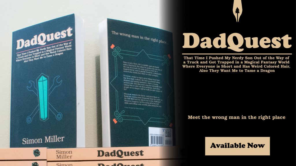 An ad with an image of the book DadQuest atop a pile of stacked books of the same title. The add lists that the book is available now on Amazon.